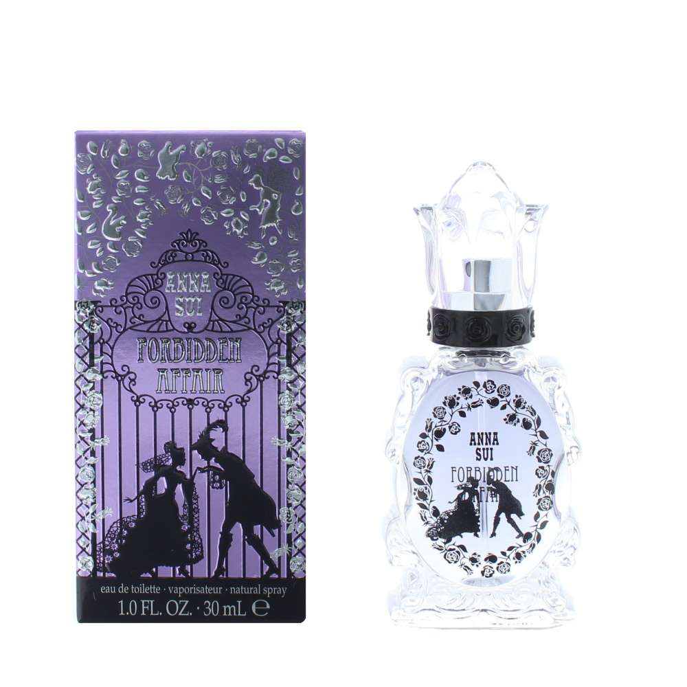 ANNA SUI Forbidden Affair purple perfume bottle and matching box on light background, fruity floral women’s scent.