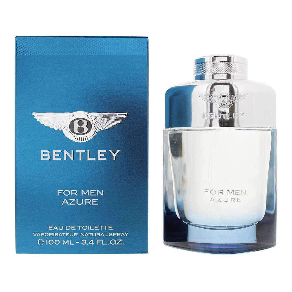 Bentley For Men Azure Eau de Toilette 100ml bottle beside blue presentation box