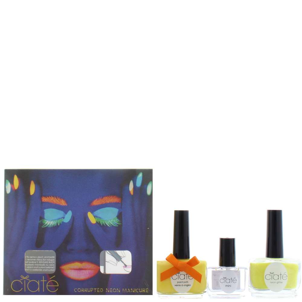 CIATÉ Corrupted Neon Big Yellow Taxi Cosmetics set with vibrant nail polishes displayed on a colorful packaging.