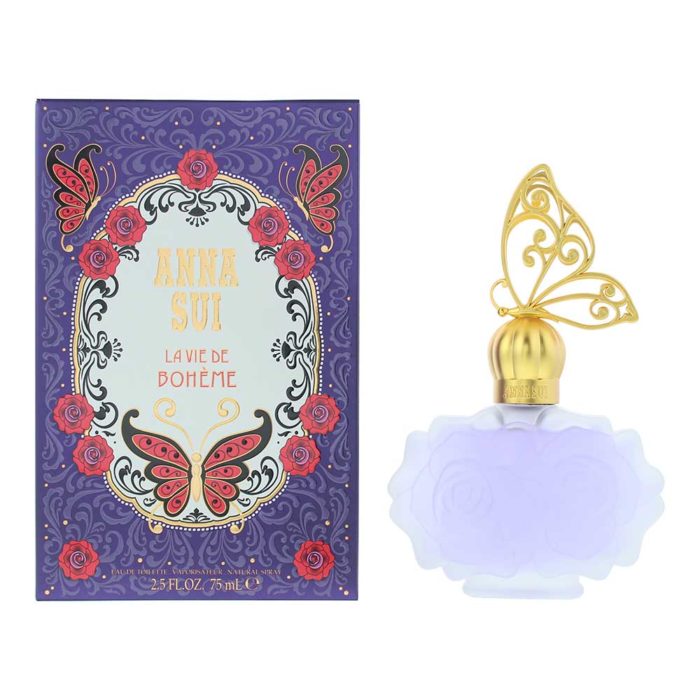 Anna Sui La Vie De Boheme Eau de Toilette 75ml purple perfume bottle with butterfly cap on a light background.