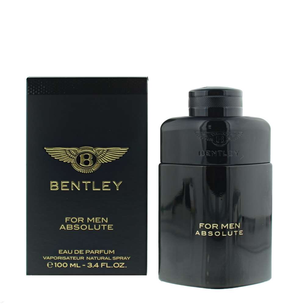 Bentley For Men Absolute men’s fragrance bottle with amber liquid and black cap