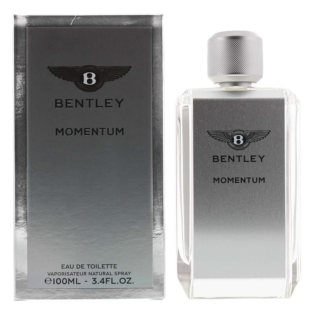 Bentley Momentum Eau de Toilette for Men bottle in tall silver-and-glass design with black cap on light background.
