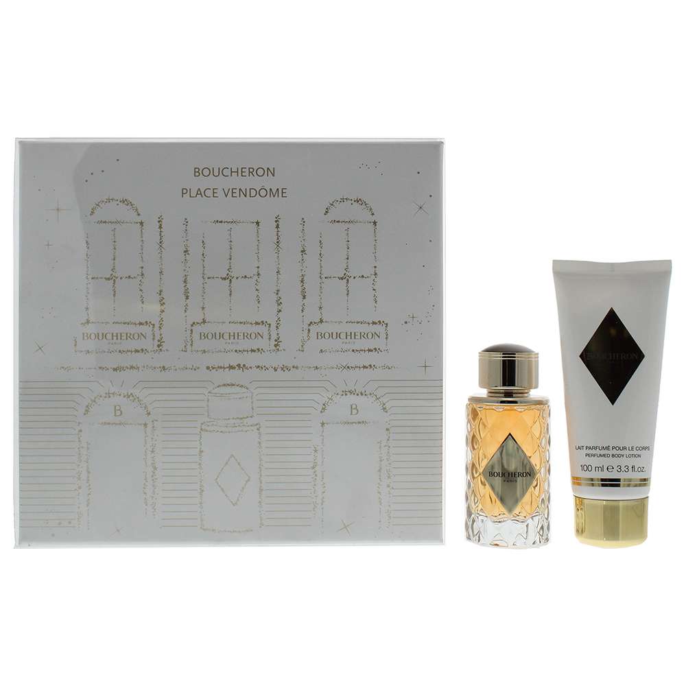 Boucheron Place Vendôme Gift Set includes 50ML Eau De Parfum and 100ML Body Lotion in elegant packaging.