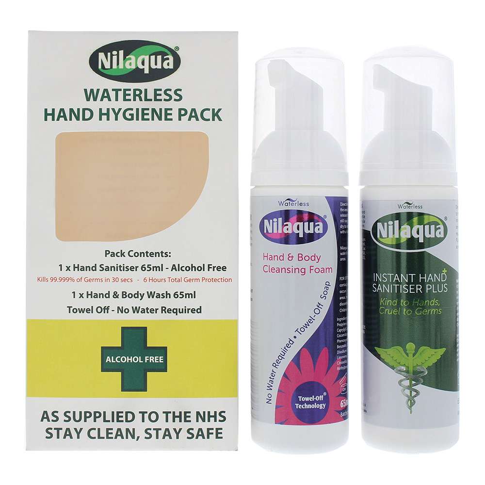 NILAQUA Waterless Hand Hygiene Pack 2 Piece Hand Sanitiser 65ml - Hand Body Wash 65ml