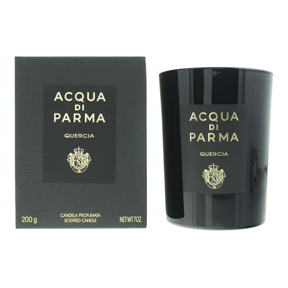 Acqua di Parma Quercia scented candle 200g in a black glass jar on a light background, luxury woody home fragrance.