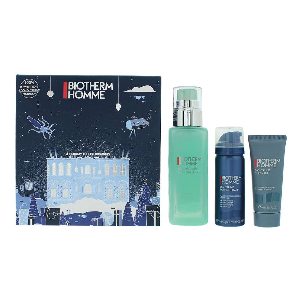 Biotherm Homme Aqua Power 3 Piece subscription gift set featuring cleansing gel, shaving foam, and moisturizing gel.