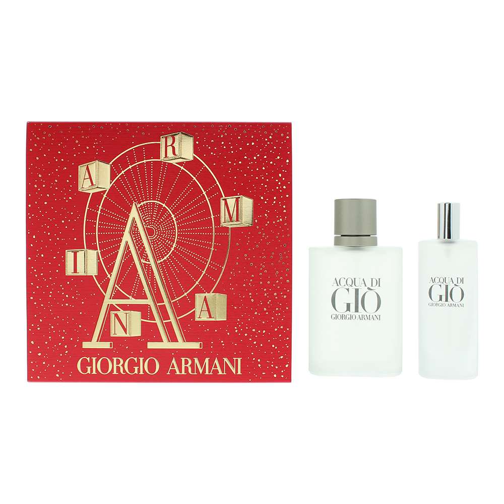 Giorgio Armani Acqua Di Giò 2 piece men’s gift set with two eau de toilette bottles on a light background.