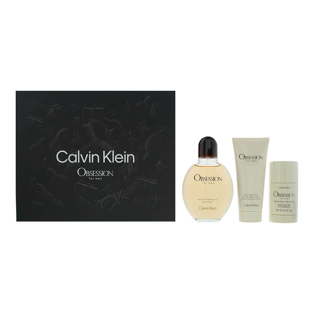 Calvin Klein Obsession For Men 3 Piece gift set subscription with Eau De Toilette, aftershave balm, deodorant stick.