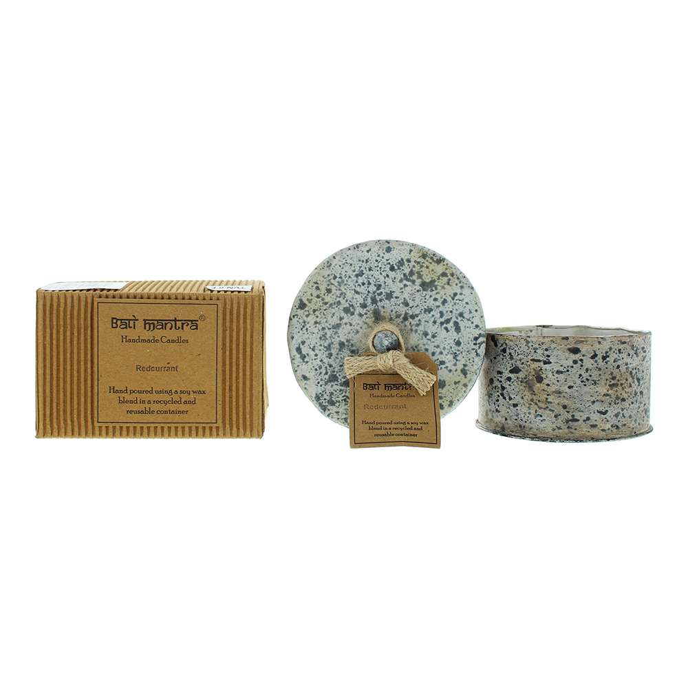 Bali Mantra Victorian Tin Round Redcurrant candle 280g in silver patterned tin with lid on light background.