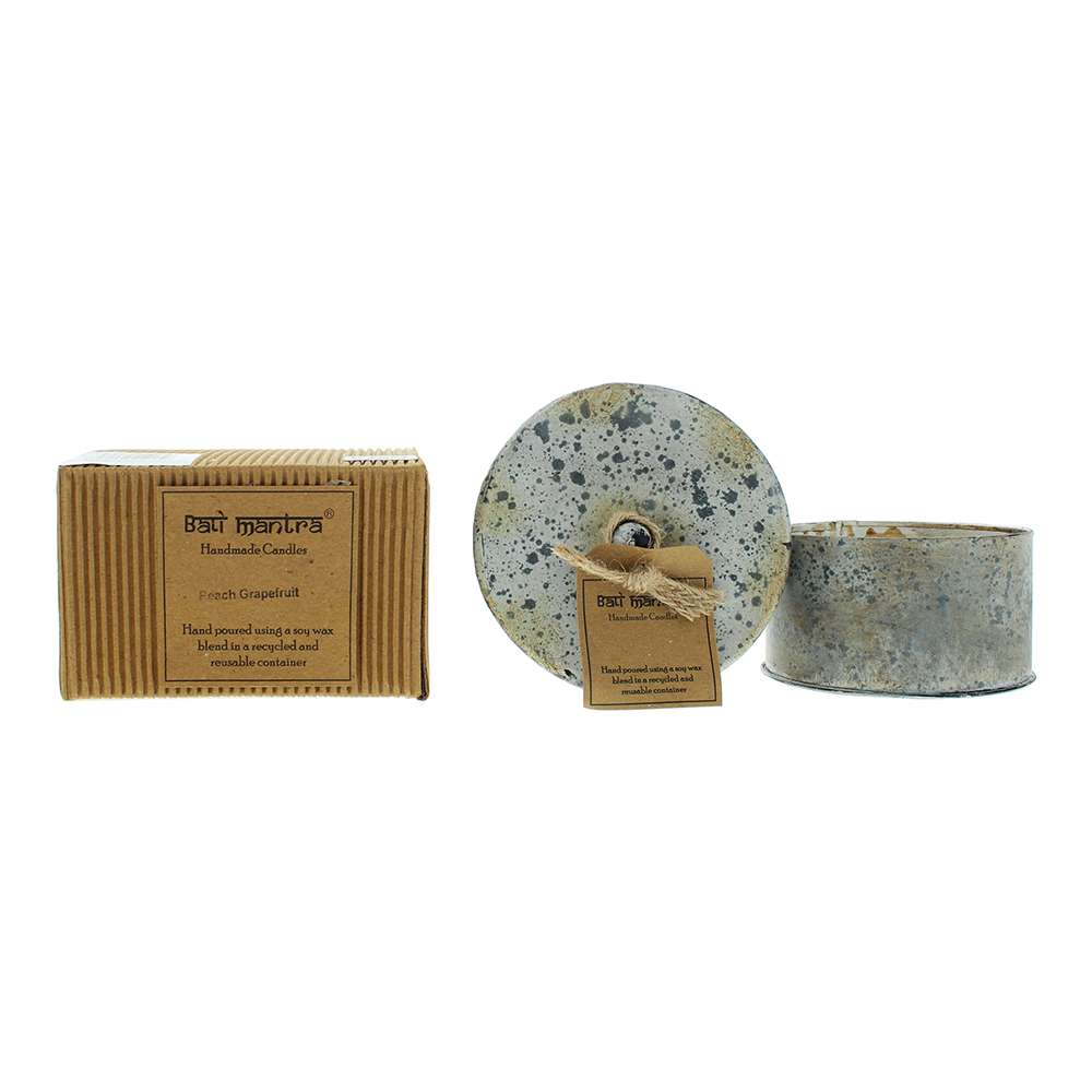 Bali Mantra Peach Grapefruit Tin Candle 280g Subscription with unique packaging and round design.