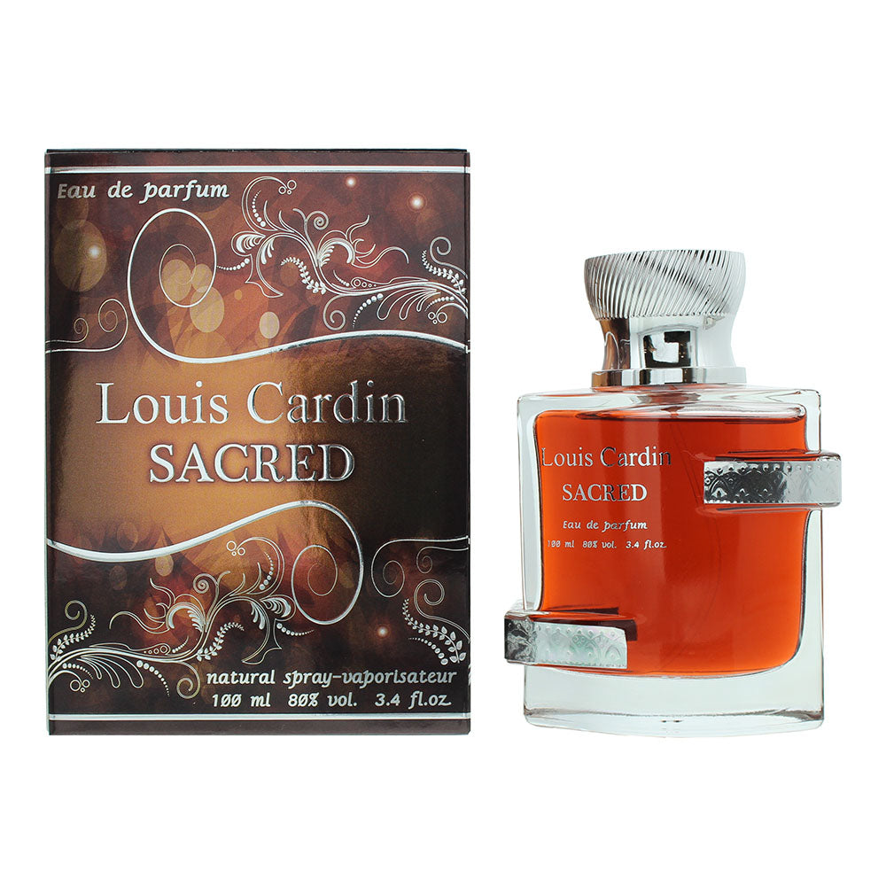 Louis Cardin Sacred Eau de Parfum 100ml bottle and packaging displayed together.