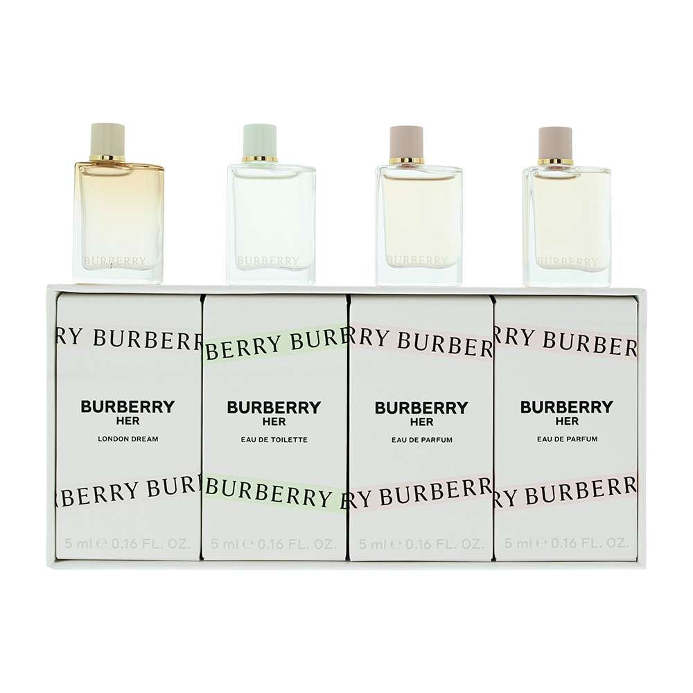 Burberry Her 4 Piece Gift Set 4 x 5ml featuring London Dream and Eau De Parfum in elegant packaging.