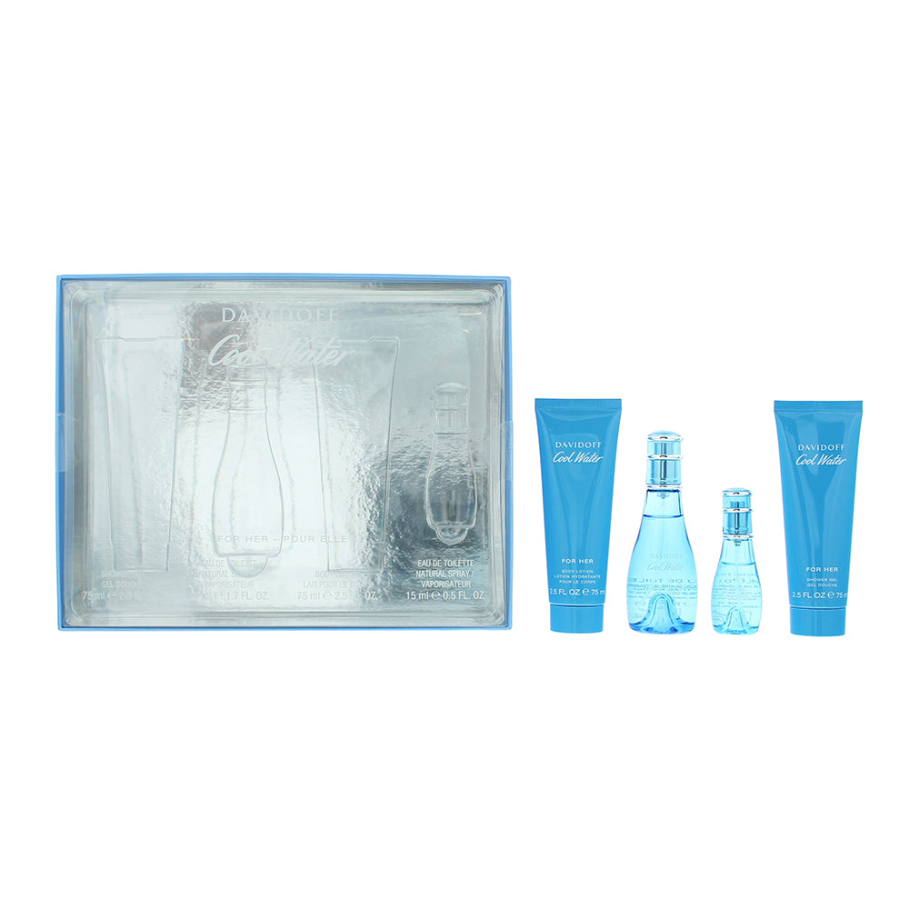 cool water woman 4 piece gift seteau de toilette 50ml - eau de toilette 15ml - body lotion 75ml - shower gel 75ml