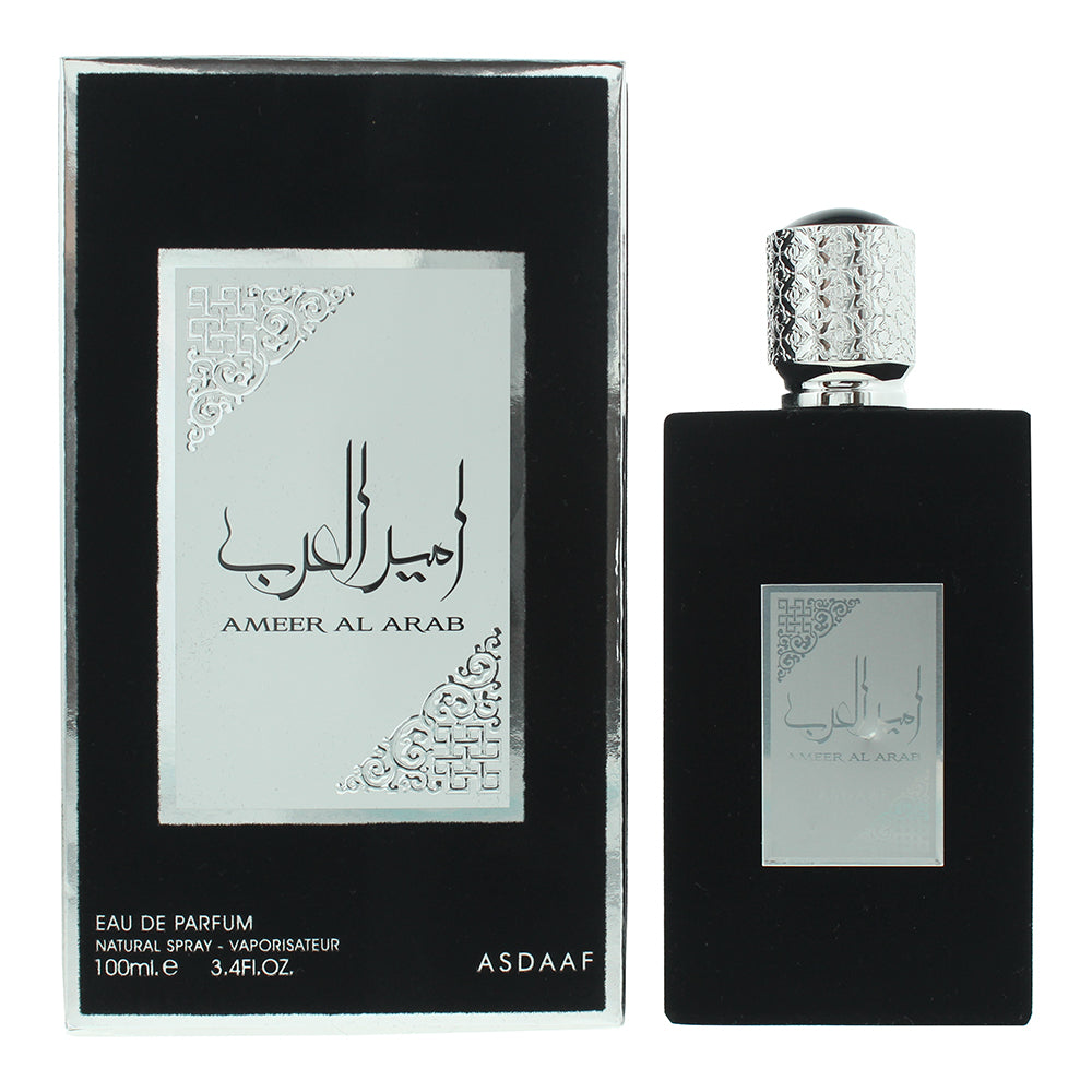 Ameerat Al Arab Eau de Parfum 100ml perfume bottle with silver cap and matching box by Asdaaf on a light background