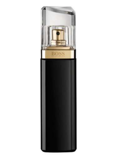 Hugo Boss Boss Nuit Pour Femme 10ml perfume sample in sleek black bottle with gold accents.