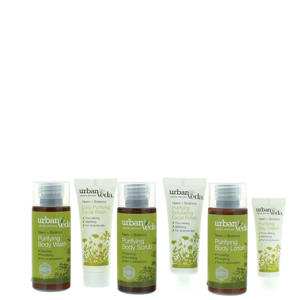 URBAN VEDA Purifying 6 Pieces  : Body Wash 50ml - Body Scrub 50ml - Body Lotion 50ml - Facial Wash 20ml - Facial Polish 20ml - Day Cream 10ml