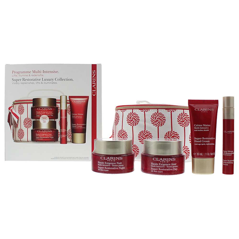 Clarins Super Restorative 5 Piece : Day Cream 50ml - Night Cream 50ml - Remodelling Serum 10ml - Hand  Nail Cream 30ml - Vanity Case