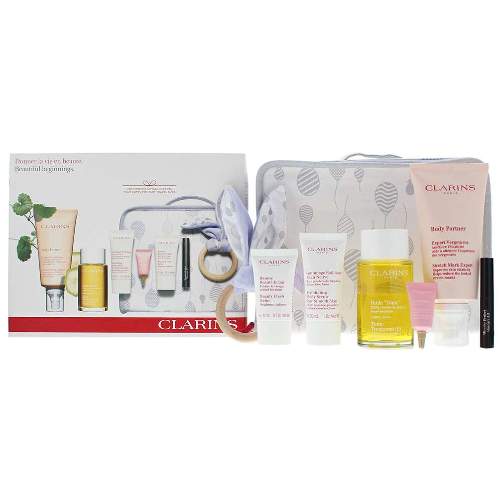 Clarins Beautiful New Beginnings : - Body Scrub 30ml - Oil 100ml - Moisturiser 175ml - Eye Cream 3ml - Balm 15ml - Mascara 3.5ml - Case - Toy