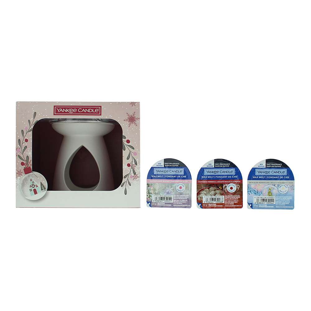 YANKEE 5 Piece : Wax Melt Warmer - Snowflake Kisses Wax Melt 28g - Peppermint Pinwheels Wax Melt 28g - Snow Globe Wonderland Wax Melt 28g -