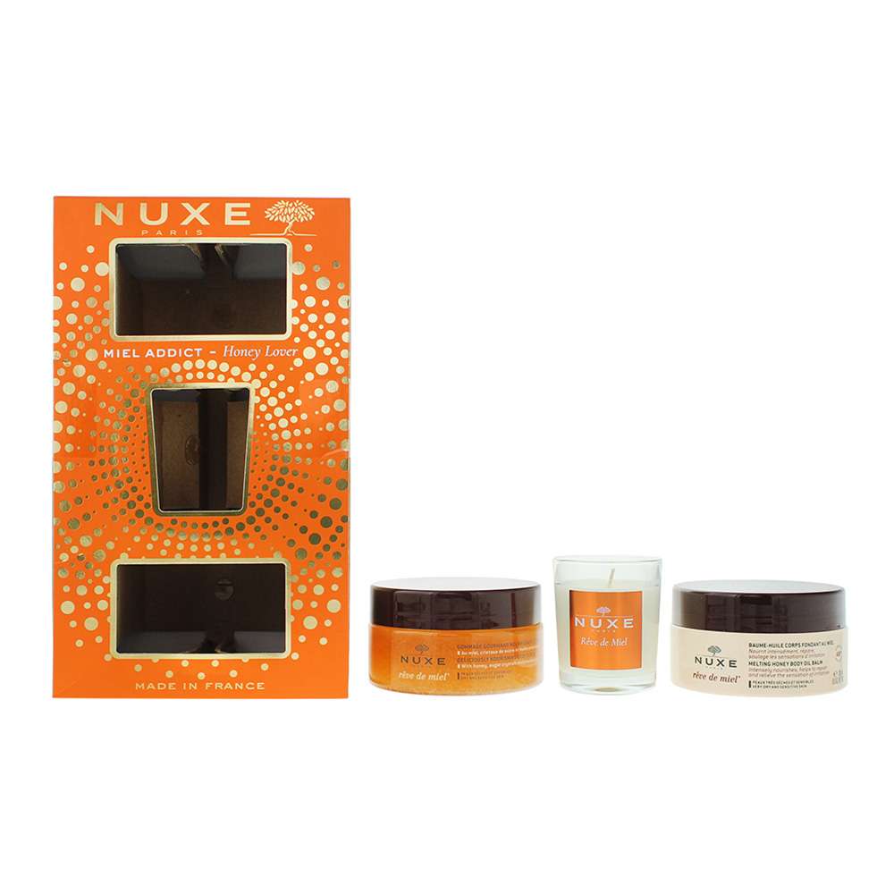 NUXE Honey Lover 3 Piece : Body Oil Balm 200ml - Nourishing Body Scrub 175ml - Candle 70g