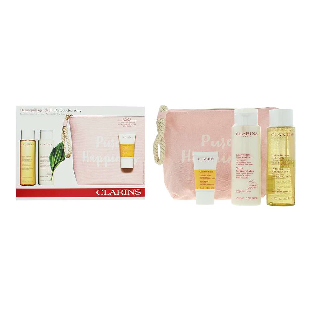 Clarins Perfect Cleansing 3 Piece : Cleansing Milk 200ml - Toning Lotion 200ml - Comfort Scrub 15ml - Pouch