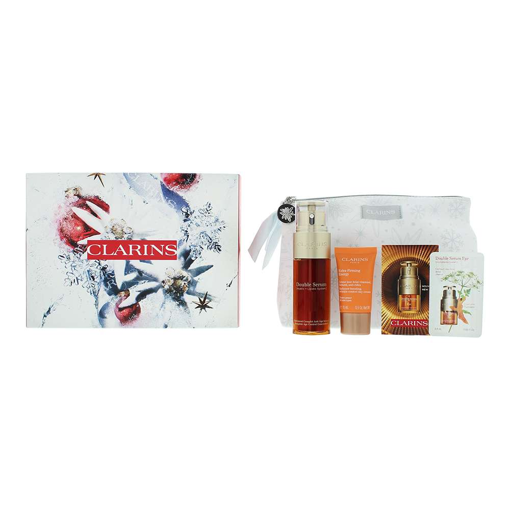 Clarins Energizing  Glow 3 Piece : Double Serum 50ml - Day Cream 15ml - Double  Eye Serum 7 x 0,9ml - Pouch