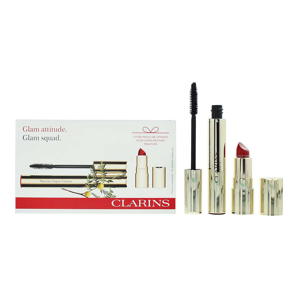 Clarins Glam Squad 2 Piece : Supra Volume Mascara 8ml -  Mini Joli Rouge Velvet 742V Lipstick 1.5g