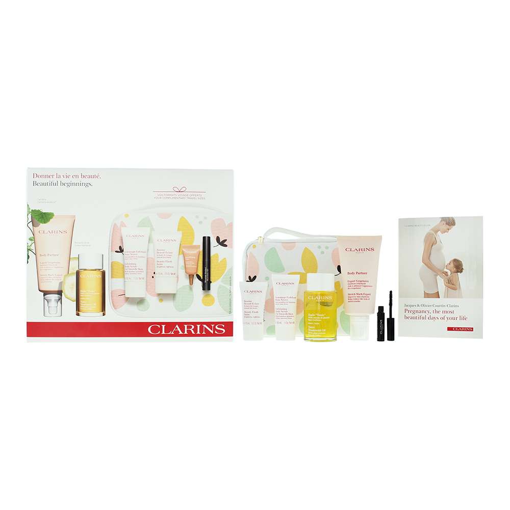 Clarins Beautiful Beginnings Maternity Bag 6 Piece : Stretch Mark Expert 175ml - Body Oil 100ml - Body Scrub 30ml - Flash Balm 15ml- Eye Cream 3ml - Mascara 3ml