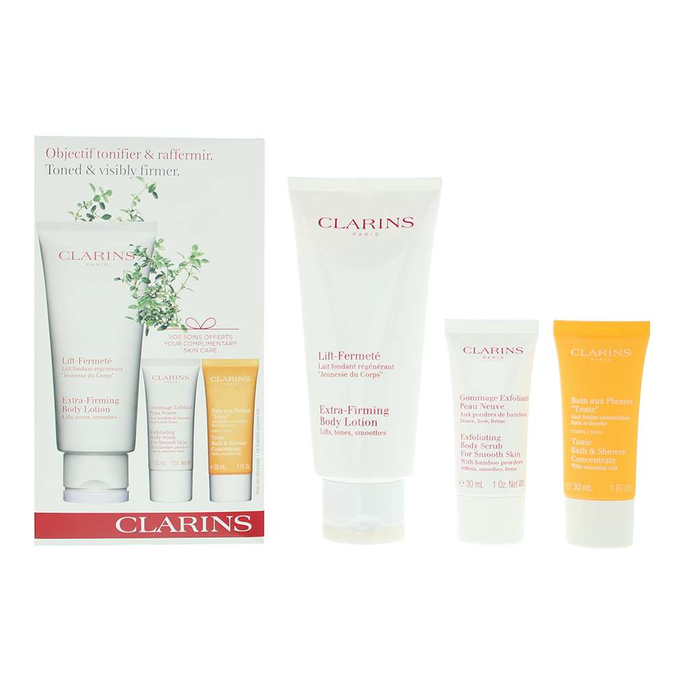 Clarins Toned  Visibly Firmer 3 Piece : Body Lotion 200ml - Body Scrub 30ml - Tonic Bath  Shower 30ml