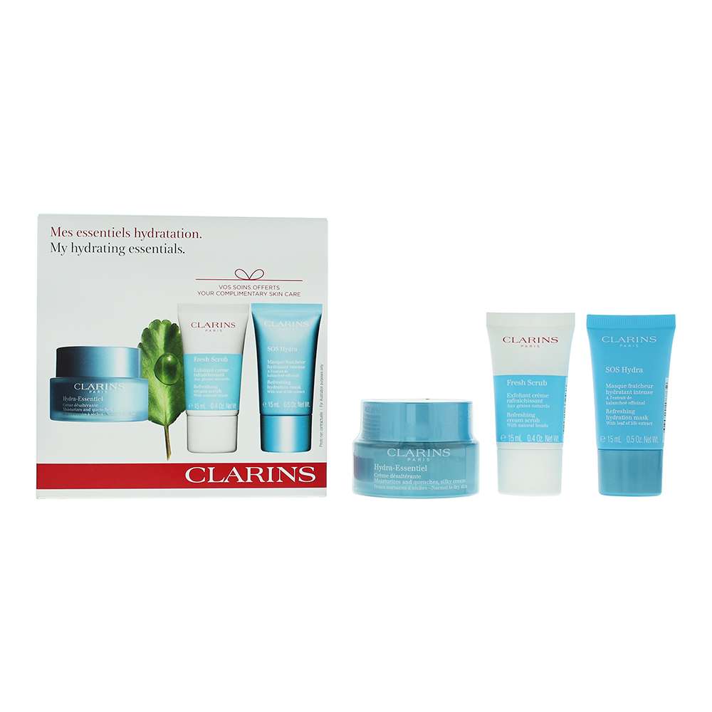 Clarins My Hydrating Essentials 3 Piece : Hydra-Essentiel Day Cream 50ml - Refreshing Hydration Mask 15ml - Refreshing Cream Scrub 15ml