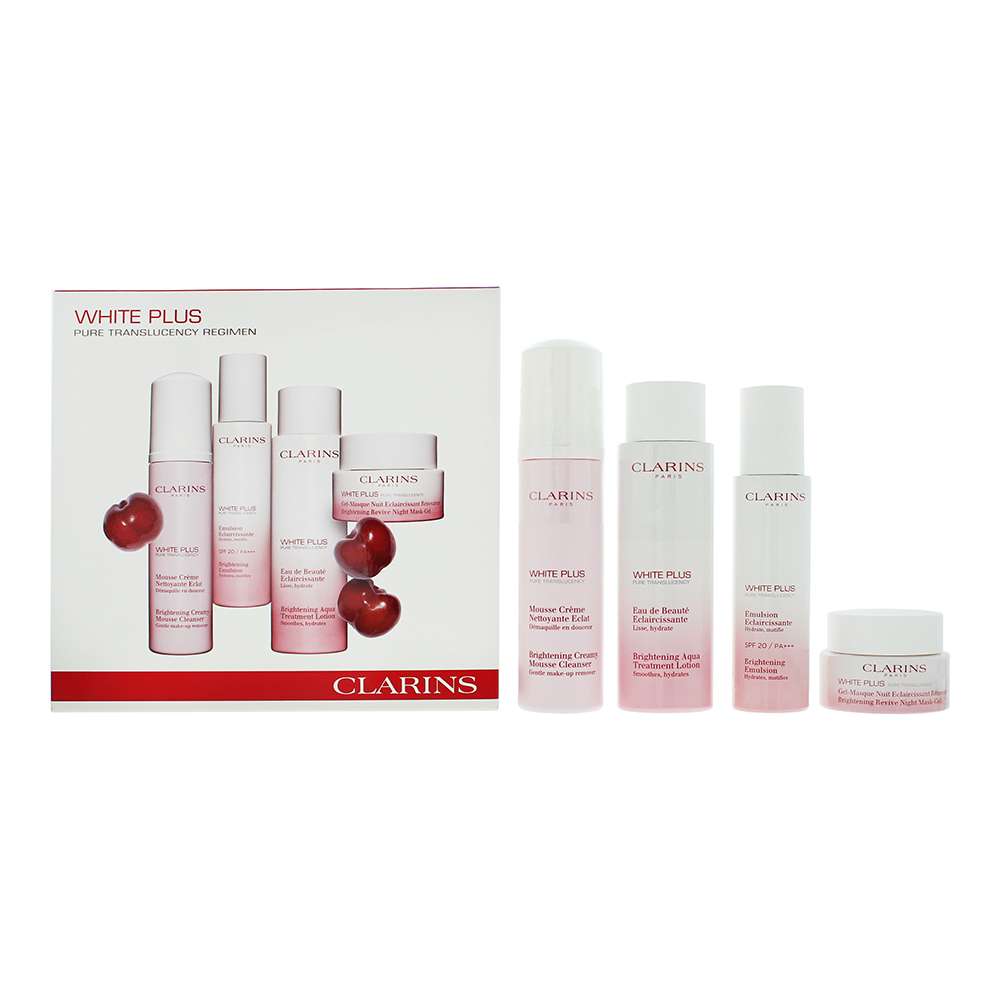 Clarins White Plus 4 Piece : Mousse Cleanser 150ml -Brightening Emulsion Spf 20 75ml - Revive Night Mask-Gel 50ml - Brightening Lotion 200ml