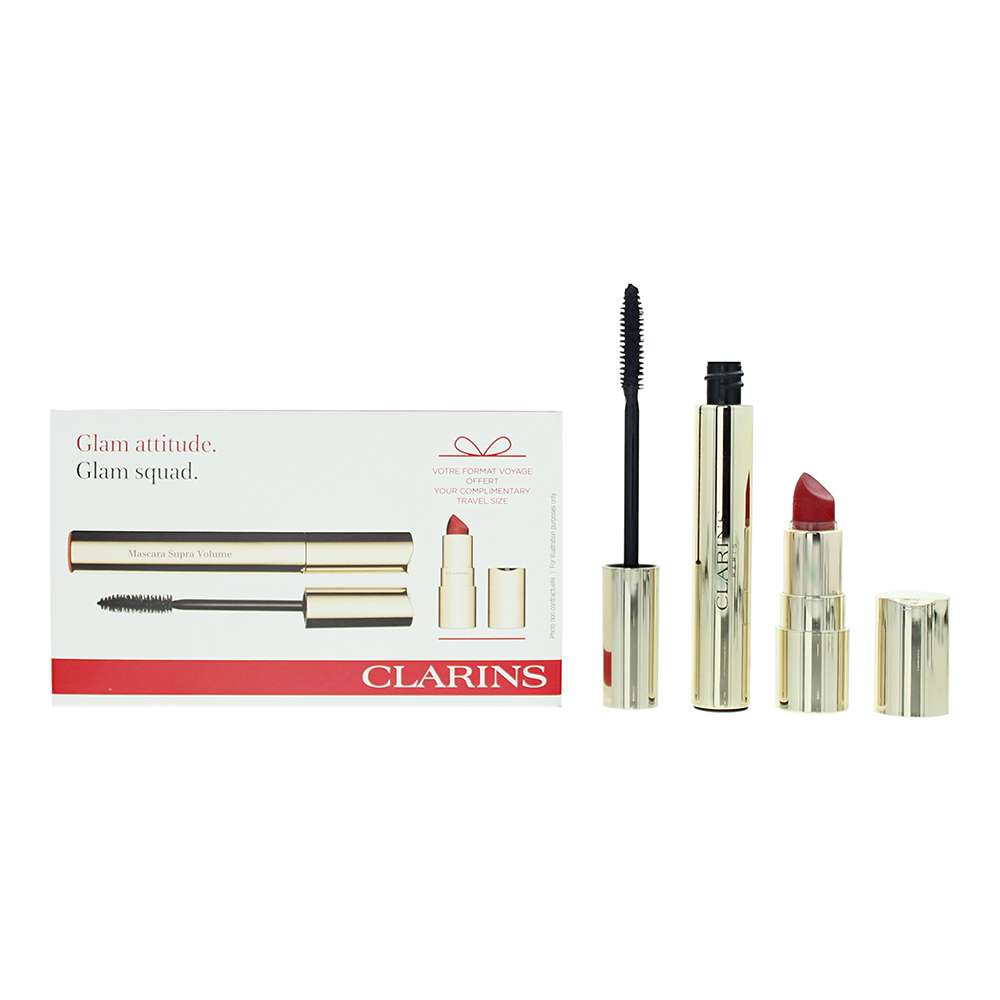 Clarins Glam Attitude 2 Piece : Mascara Super Volume 01 Intense Black 8ml - Mini Joli Rouge Velvet 742 Lipstick 1.5g